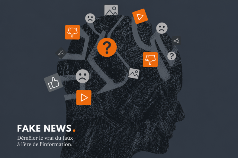 Silhouette de tête humaine de profil traversée de chemins entremêlés et d'icônes de réseaux sociaux (pouces, émoticônes, points d'interrogation), avec le titre « Fake news : démêler le vrai du faux à l'ère de l'information »