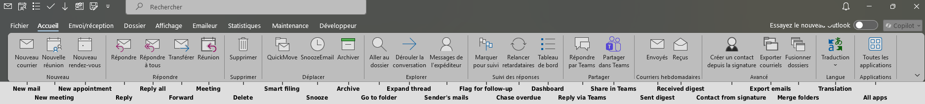 L'onglet Accueil du ruban avec les commandes du toolkit